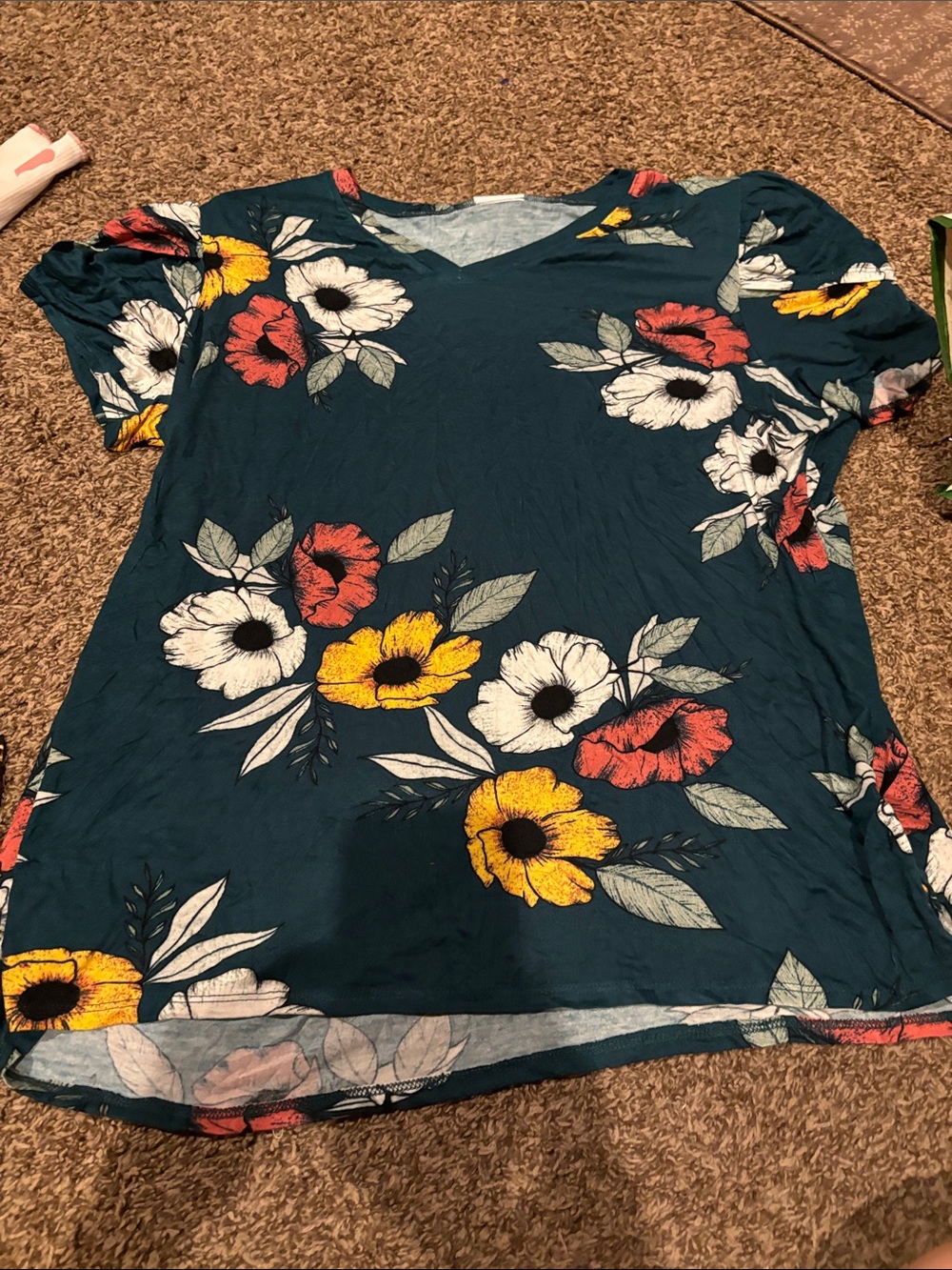 LuLaRoe Teal Floral V-Neck Short Sleeve Top with Yellow & Coral Flowers